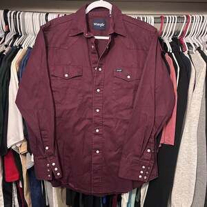 Wrangler Men's Western Pearl Snap Long Sleeve Shirt Burgundy Size Medium